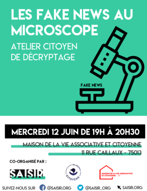 Saisir_org's tweet photo. 🤓 LES FAKE NEWS AU MICROSCOPE 🔬🦠

Rdv mercredi à 19h pour une rencontre-débat : de quoi parle-t-on vraiment lorsqu'on parle de #fakenews ?!

Dites-nous que vous venez en écrivant à maison.asso.13@paris.fr 😊

@ParticipezParis @mairiedu13 https://t.co/9AtH0XVOoi
