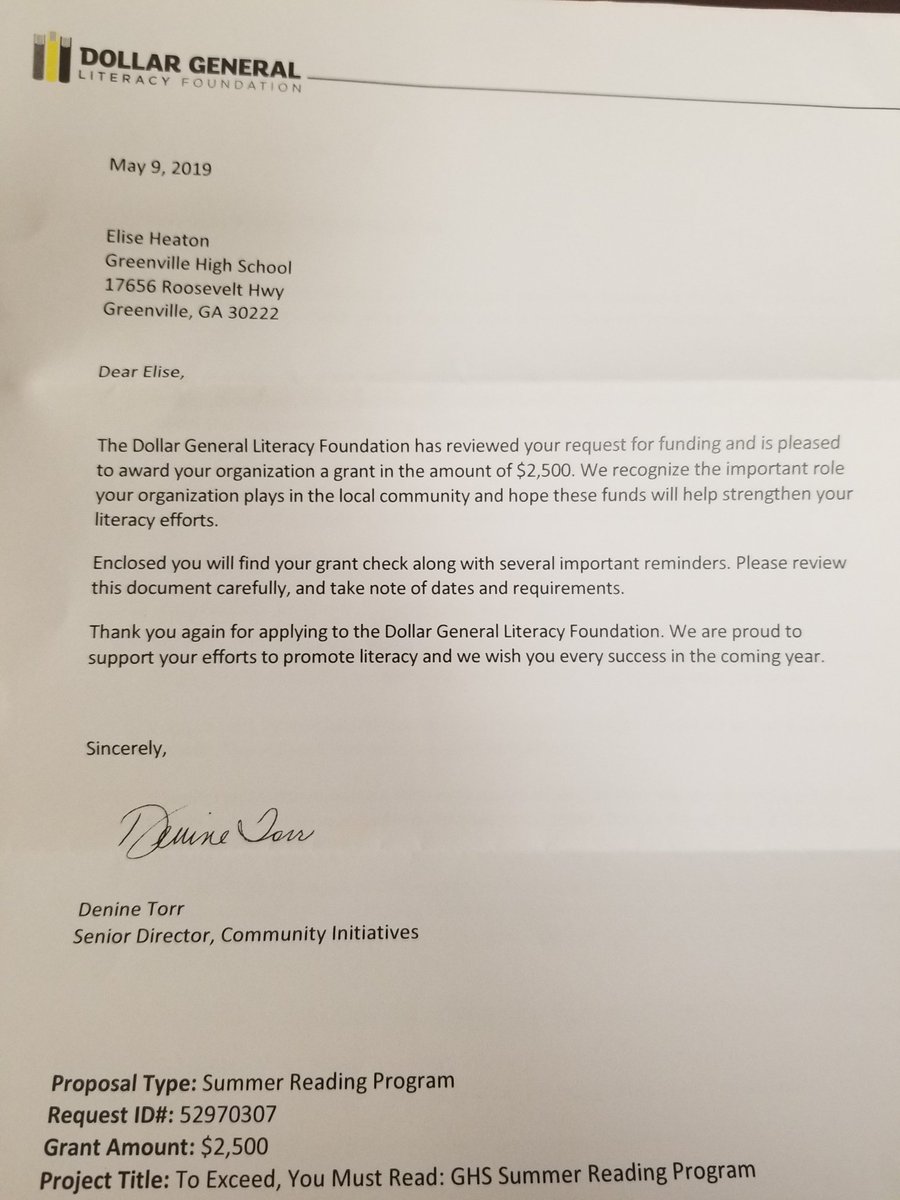 GMHSPats's tweet photo. Greenville High School was recently awarded the Summer Reading Program Literacy Grant from Dollar General in the amount of $2500! Students who complete the summer reading program will receive a GHS t-shirt and will also be entered into a raffle to win a 50-INCH SMART TV!!! https://t.co/bguXWSg8FC