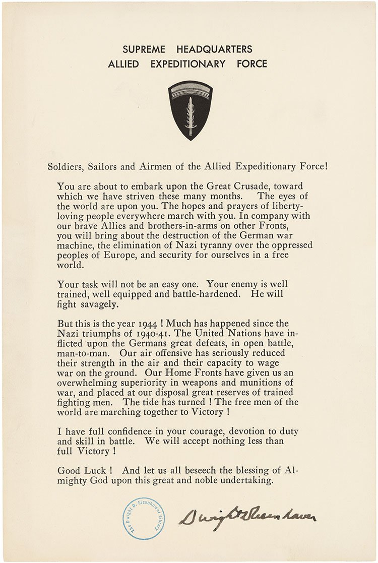 USNatArchives's tweet photo. General Dwight D. Eisenhower’s original "D-day Statement to Soldiers, Sailors, and Airmen of the Allied Expeditionary Force" is now on display in the National Archives Museum  in honor of #DDay75 https://t.co/j3Pa6MW2EL https://t.co/9Kp6Z3U5uX