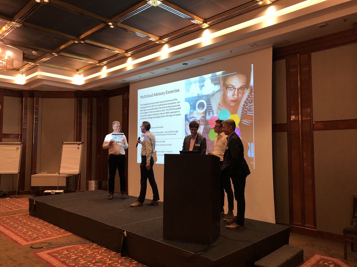 UVauth's tweet photo. First team is presenting results from group work around cloud advisory at #caimcu multicloud university. Why and how client should move to cloud and how IBM can help https://t.co/e7WaWgRX12
