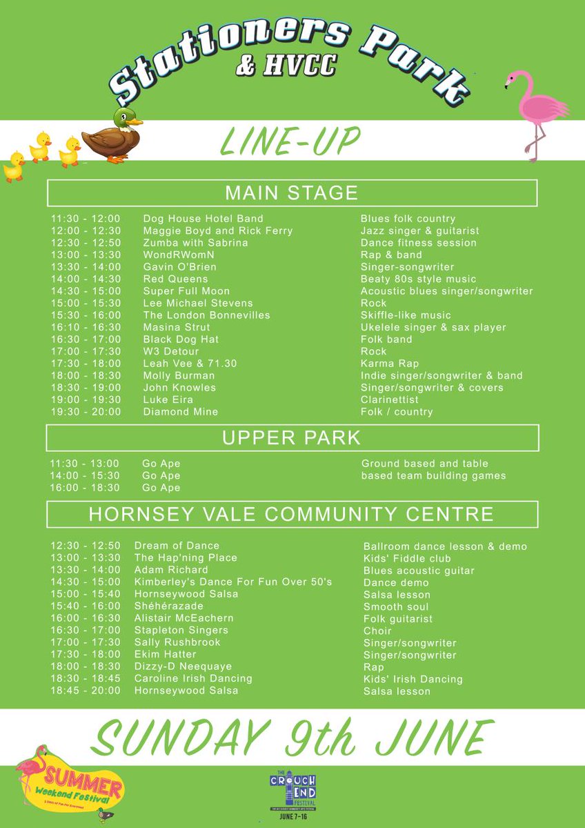 ⭐️⭐️⭐️LINE UP ANNOUNCED⭐️⭐️⭐️
Check out the line up for the Weekend Summer Festival, this weekend at Stationers Park.  Part of the <a href="/crouchendfest/">Crouch End Festival</a>

#crouchendfestival #festival #northlondon #crouchend