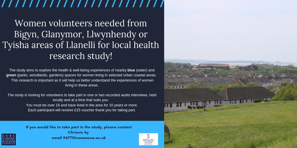 PopDataSci_SU's tweet photo. Local health survey looking for volunteers to take part in study that aims to explore the health & well-being of women who live near blue and green spaces. #Bigyn #Glanymor #Llwynhendy #Tyisha #Llanelli . Please RT @BIHywelDda @CarmsCouncil @LlanelliHerald @LlanelliStar https://t.co/9QU9NkO8DU