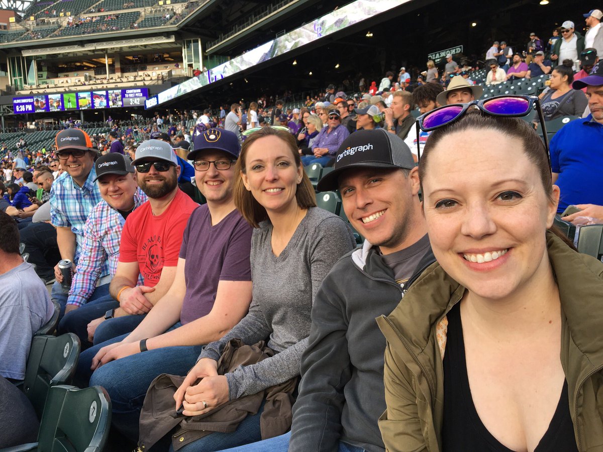 Public_Worker's tweet image. @Cartegraph here are some #Cartegraph hats at the @Rockies game the week of #CarteCon! Sported by @TomMilas @mskibbe @giscorner and yours truly 💥💥💥 You can ignore the @Brewers hat on @burchardta