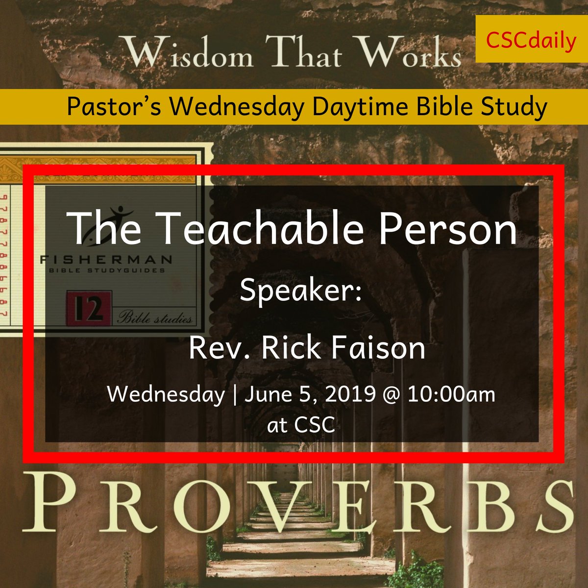 cscdaily's tweet photo. Join us this morning for our Pastor’s Wednesday Daytime Bible Study! Starting @ 10:00am at CSC. #cscPDWBS #FishermanBibleStudyGuides #VinitaHamptonWright #Proverbs #WisdomThatWorks #TheTeachablePerson #RevRickFaison ⛪️📖🚶🏿‍♂️🚶🏽‍♀️🚗🚙🌇 https://t.co/5ox7OIgeFV