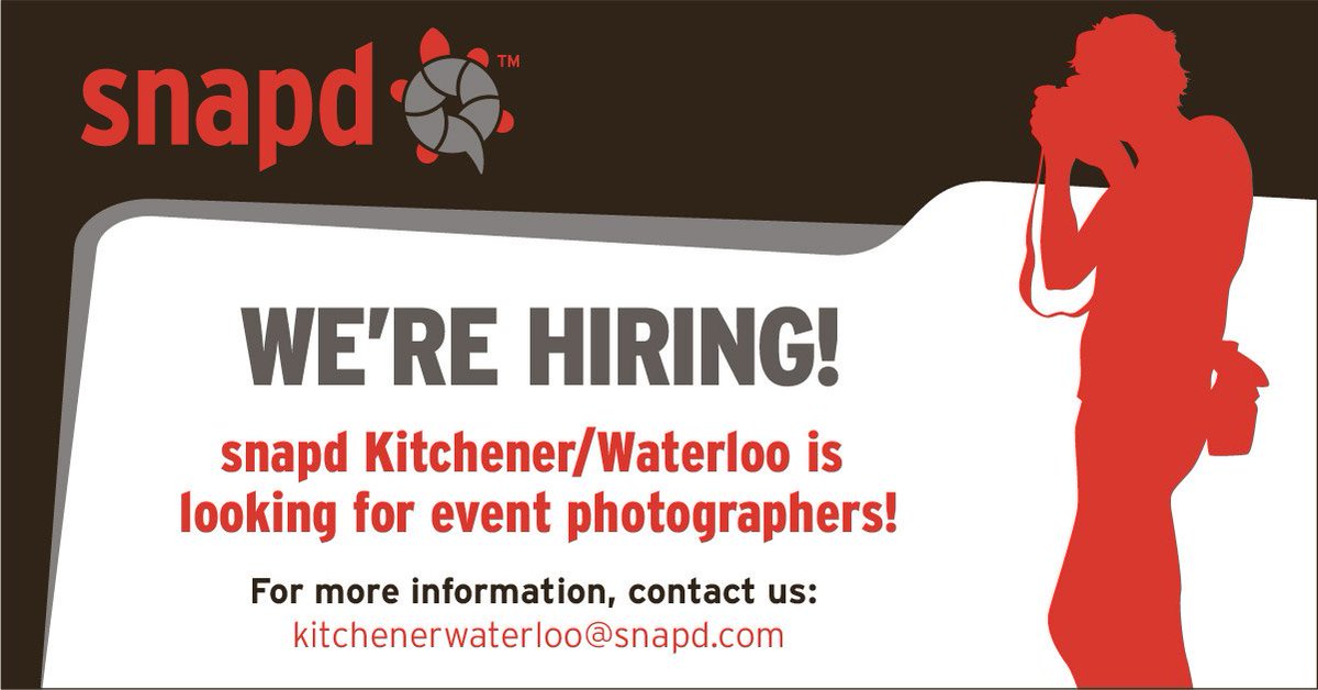 snapd Kitchener/Waterloo is hiring event photographers. Email us for details at kitchenerwaterloo@snapd.com