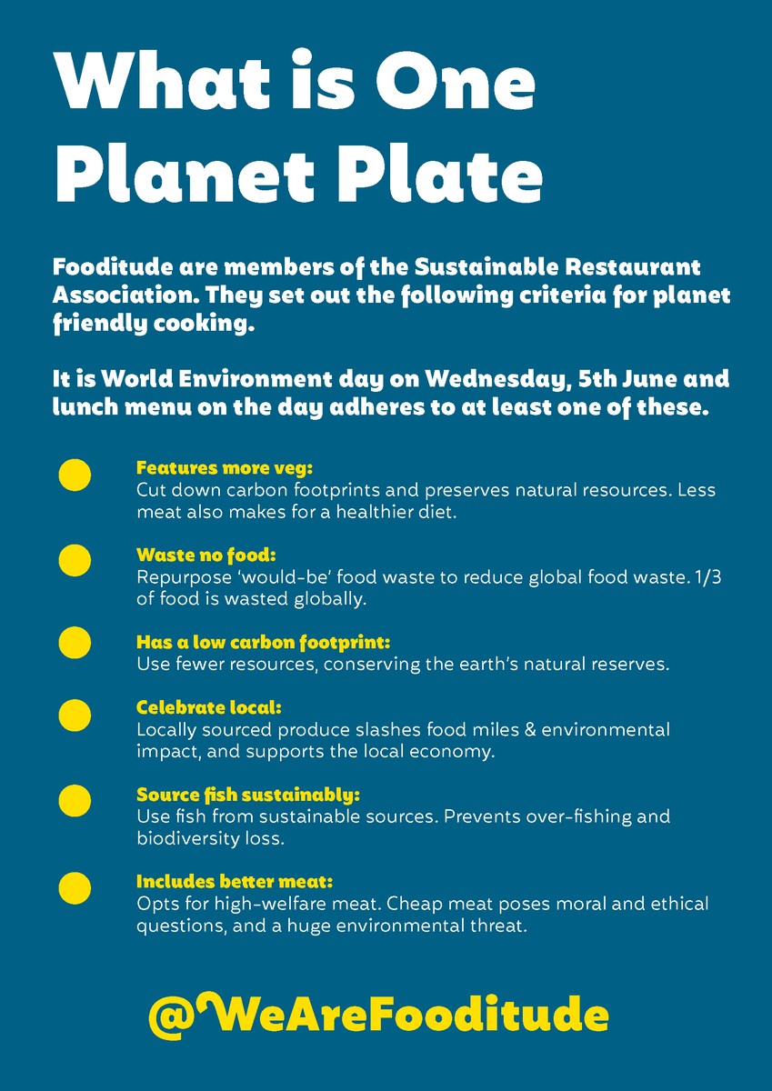 WeAreFooditude's tweet photo. Today is #WorldEnvironmentDay and @susihester put together a fabulous #OnePlanetPlate menu. It's difficult at scale, but eating more sustainably is the least we can do for our planet! https://t.co/PreGk8xTlg