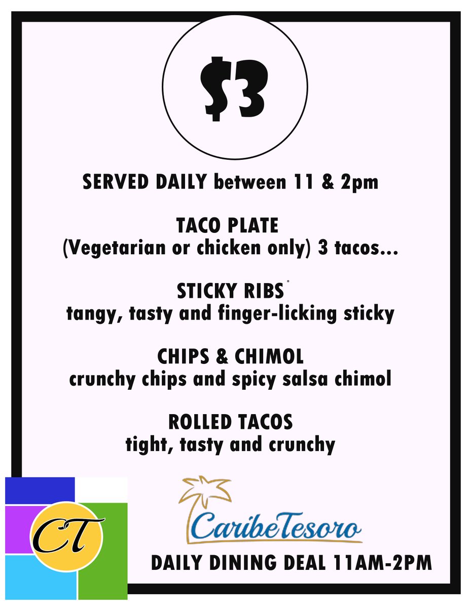 CaribeTesoro's tweet photo. In the HEAT of the day, it's cooler on our pier.
Take a break and get a break on LUNCH with our $3 Menu. 
TACO PLATE (Vegetarian or chicken only) 3 tacos.
STICKY RIBS
CHIPS &amp; CHIMOL
ROLLED TACOS
Have Lunch on the PIER today. 
$3 LUNCH...
#CaribeTesoro #EATS #CaribeTesoroWestBay https://t.co/ARUHdGFeA1