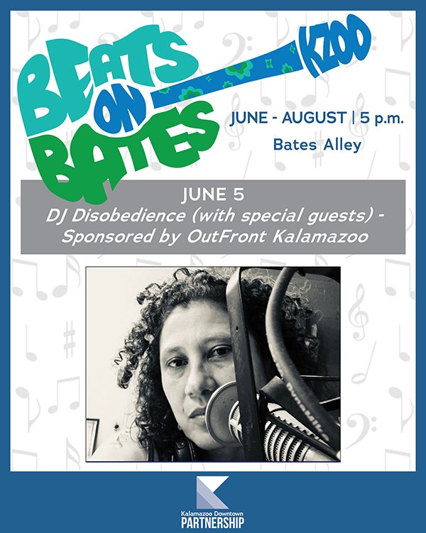 DwntwnKalamazoo's tweet photo. Downtown Kalamazoo is ready to kick off summer in a big way! DJ Disobedience starts the Beats on Bates summer music series on Bates Alley at 5 p.m. tonight! #downtownkalamazoo #beatsonbates https://t.co/QRFyKqHmxz