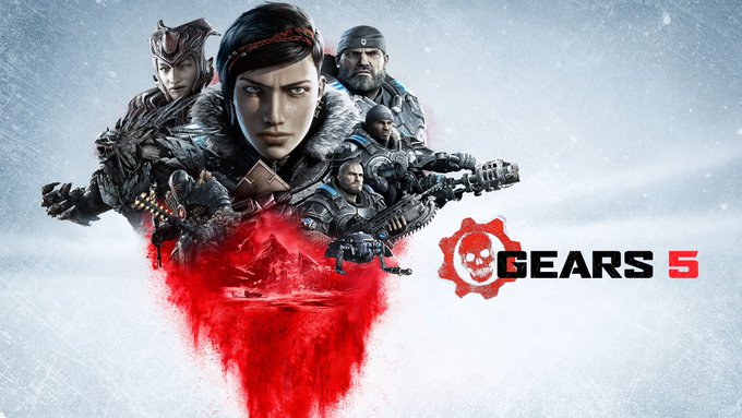 Gears 5 Keyart featuring Kait from the shoulders up holding her pendant. Circling her right from the top down are Marcus, Del, and JD, with Jack floating just below. Around her on the left are Queen Myrrah and monsters. A triangle of red sand with images faded in the back falls below the collection of characters and "Gears 5" with the omen is off to the right - all laid out across an icy backdrop.