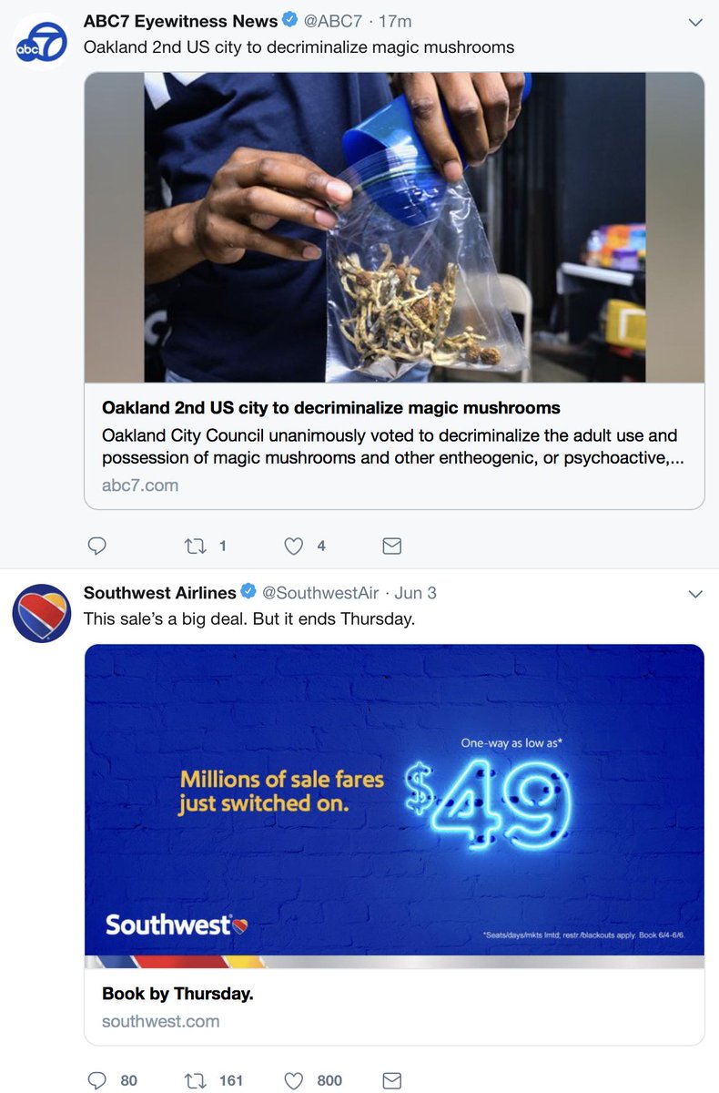 anyalways's tweet photo. Now that's some great marketing, @SouthwestAir . $49 flights to Oakland + decriminalized mushrooms! Me thinks @Twitter has a sense of humor ;) #tripsontrips https://t.co/Ot79IK13Y9