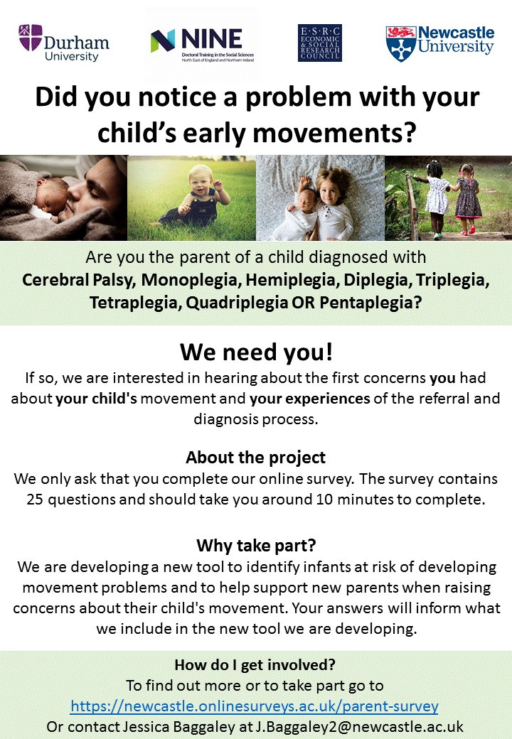 jess_baggaley's tweet image. Calling parents and families of children with #cerebralpalsy

We want to hear about the earliest concerns you had about your child's development and your referral and diagnosis experience.
To take part visit newcastle.onlinesurveys.ac.uk/parent-survey

PLS RT
#research @UniofNewcastle @DtpNine