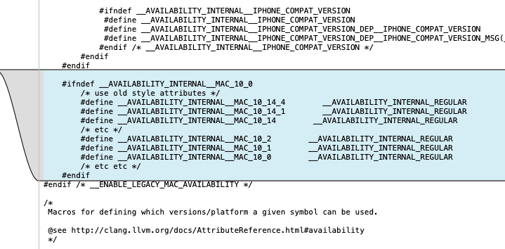 jomarnz's tweet image. GCC brokenness with beta MacOSX10.15.sdk is because the SDK's AvailabilityInternal.h has no equivalent of these fallback macro definitions that are in the 10.14 version, defining these API annotation macros (used in other headers) for the !__has_attribute(availability) case.