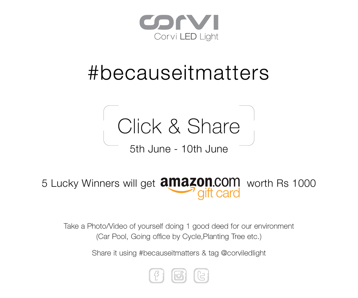 CorviLedLight's tweet photo. #Contest #ContestAlert This #WorldEnvironmentDay click & share a picture/ video of you doing a good deed for the environment using #becauseitmatters #corviledlight #RT #win https://t.co/TyyJbdJpwr