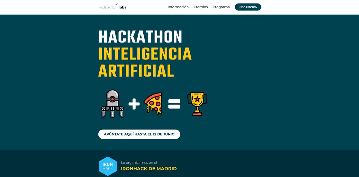 Abrimos el periodo de preinscripción de nuestro próximo Hackathon abierto con @IronhackMAD el próximo 16 de Junio. 

¡Apúntate ya y no te quedes sin plaza!

Además de los premios  repartiremos becas para realizar nuestros cursos de JS Pro. 

info: ai-league.io/iron-hack
