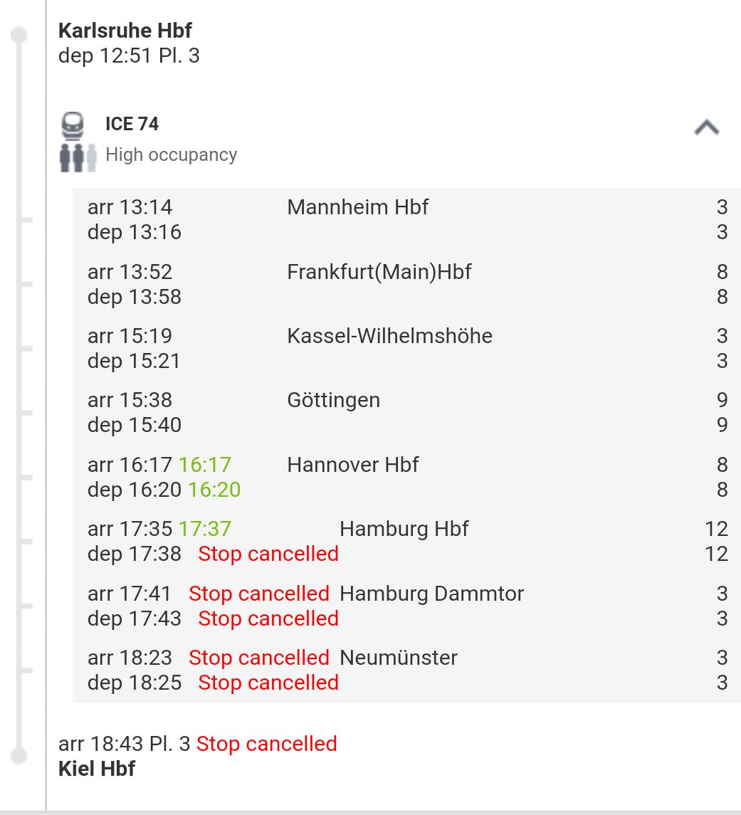 Screenshot DB-Navigator. ICE74: alle Halte ab Hamburg entfallen.