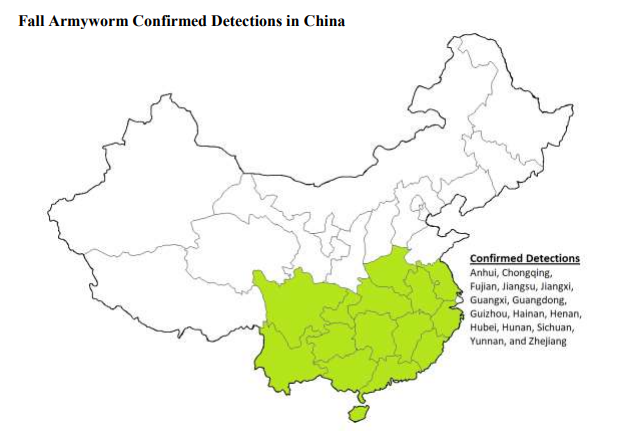 kannbwx's tweet photo. Reuters reports that #China has now found armyworm in 18 provinces (was 15 last week). This detection map from USDA shows just the 15 affected areas. Unsure which 3 additional provinces are affected, but they can't afford for it to spread to the #corn-heavy Northeast. https://t.co/3KKCmLRWgw