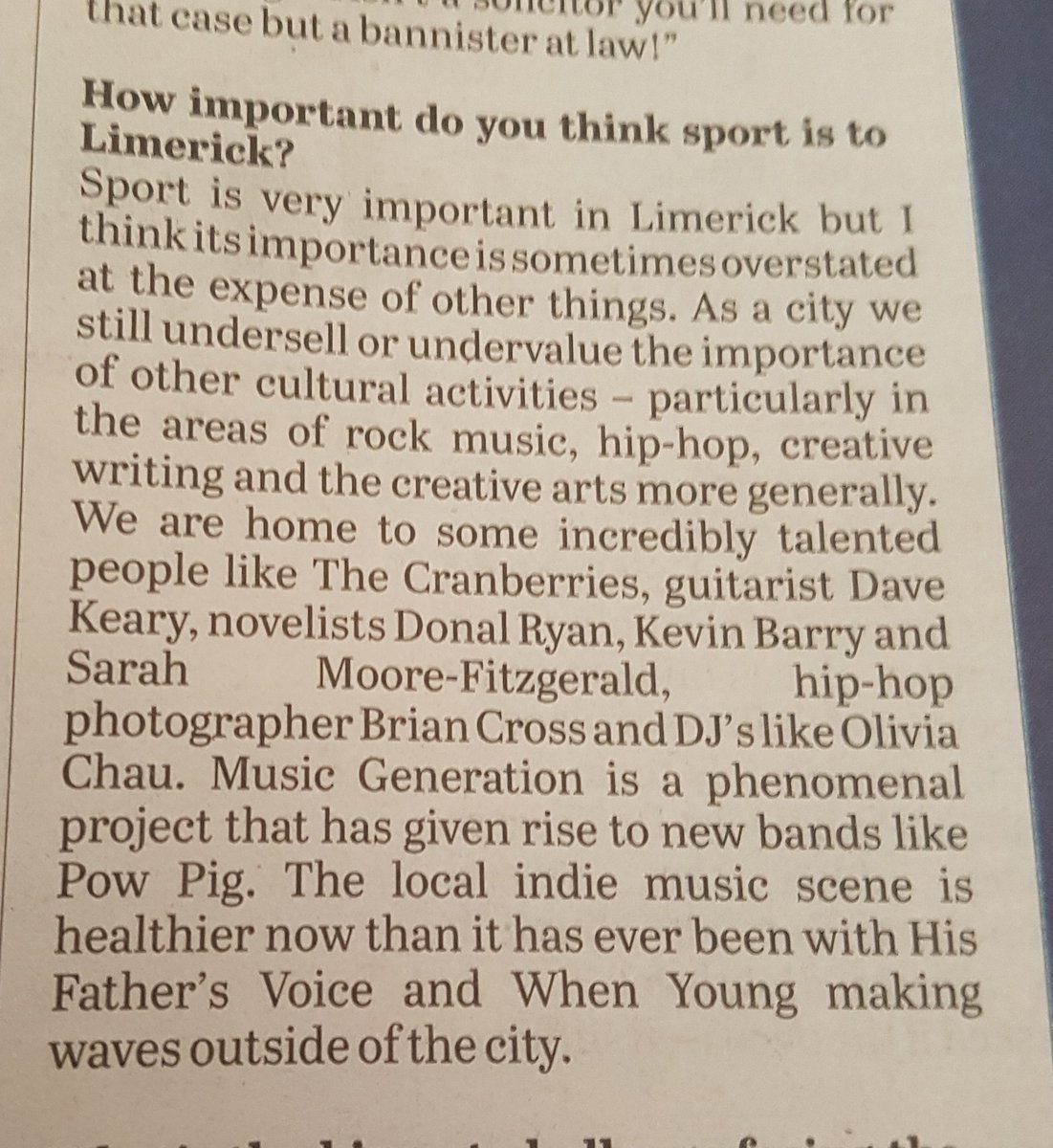 Cllr Elisa O'Donovan (@elisaodonovan) on Twitter photo Thank you @ProfDevereux to the best response to this question I have ever read <a href="/Limerick_Leader/">Limerick Leader / Limerick Live</a>. This question puzzles me every week, yes sport is important to Limerick but it is only one part of a hugely rich cultural fabric throughout our city and county Thank you @ProfDevereux to the best response to this question I have ever read <a href="/Limerick_Leader/">Limerick Leader / Limerick Live</a>. This question puzzles me every week, yes sport is important to Limerick but it is only one part of a hugely rich cultural fabric throughout our city and county