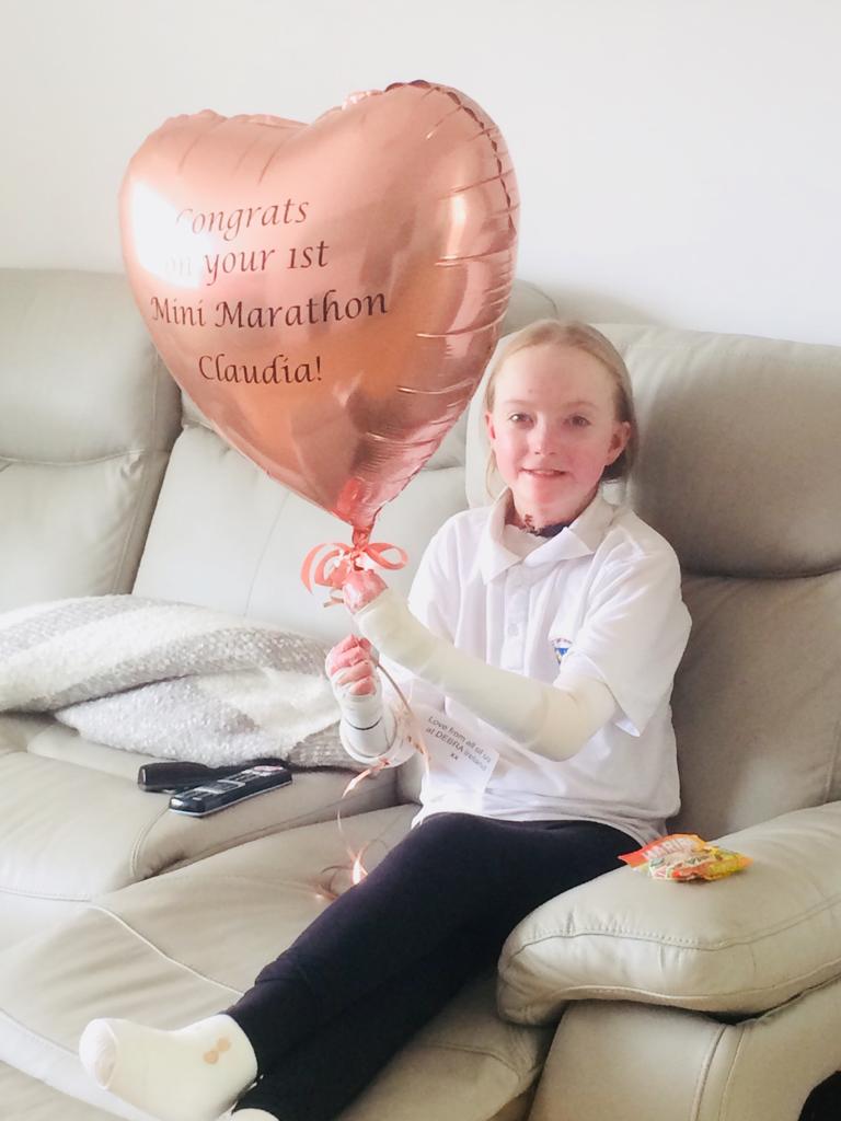 debraireland's tweet photo. "Just in from my first exam and a knock on the door. Thanks so much to all the team at Debra. We're making a difference together". Claudia thanking us but we should be thanking her! A 10k dressed head to toe in bandages in a wheelchair for EB / any disability. Thank YOU Claudia! https://t.co/lYGfebouR5