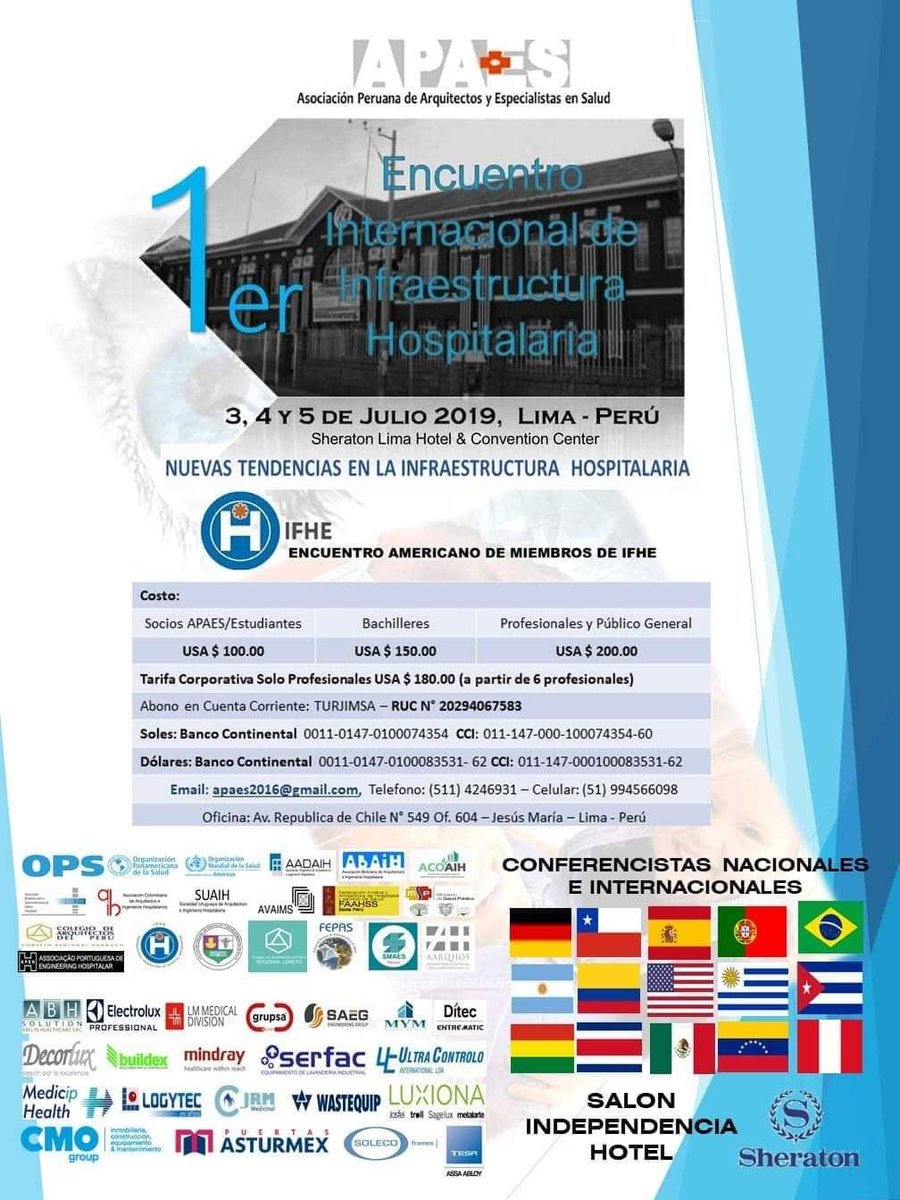 iphnarede's tweet photo. Nos dias 3, 4 e 5 de julho acontece em Lima, no Peru, o encontro "Nuevas tendencias en la infraestructura hospitalaria", da IFHE. 
#iphnarede #evento  #cptconhecimento https://t.co/7htUo7Tg4b