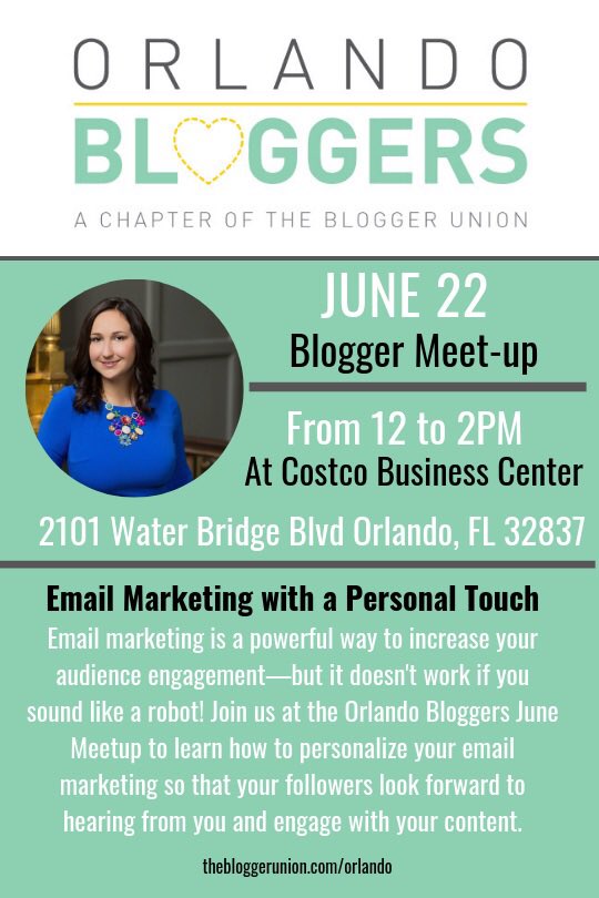 ORLBloggers's tweet photo. See you June 22 at the @costco Business Center to learn about Email Marketing with a Personal Touch by Kara @bykarafranco. Your email list is the most important audience you have. See you in 2 week! #ORLBloggers #kindcollaboration #thebloggerunion #orlandobloggers #bloggermeetup https://t.co/1cf6PF4opL