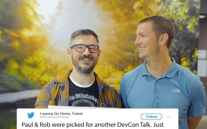 SnideDogger's tweet photo. Mean tweets are back with @dptrob and @SnideDogger at 3:20 in Cottonwood 1 and 2. #CernerDevCon https://t.co/hhoMqlUZnz