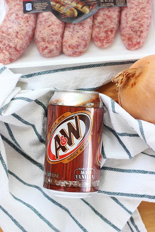 These easy A&amp;W Root Beer Brats have only 3 ingredients and are a great alternative for those that prefer not to cook brats with beer! The perfect summer recipe  #AWMemories #ad