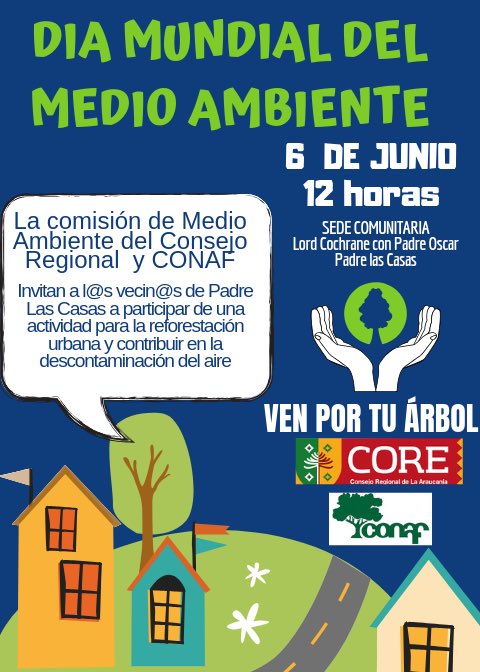 Mañana estaremos con vecinos de #padrelascasas afectados por el polígono de restricción para mostrar compromiso con tener un mejor aire para todos!!!
<a href="/corearaucania/">Consejo Regional de La Araucania</a> <a href="/mondacaCore/">Alejandro Mondaca</a> <a href="/conaf_minagri/">CONAF - Corporación Nacional Forestal</a> #DiaMundialDelMedioAmbiente