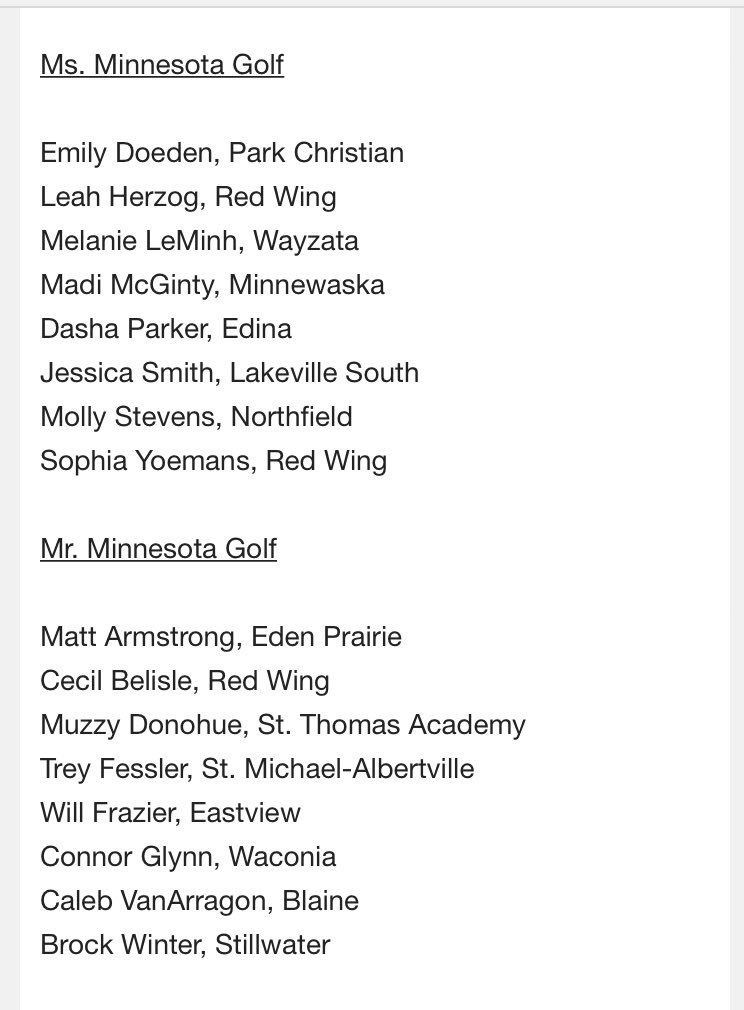 Jason Feldman (@pbfeldy) on Twitter photo Three Red Wing golfers among the finalists for Minnesota Ms. Golf or Mr. Golf. <a href="/Sophia_Yoemans/">Sophia</a> & @leah_herz13 from <a href="/RWgirlsgolf/">Red Wing Girls Golf</a> are among the 8 Ms. Golf finalists, and <a href="/CecilBelisle/">Cecil Belisle</a> from <a href="/RedWingBoysGolf/">Red Wing Boys Golf</a> is a Mr. Golf finalist. Wouldn’t be surprised to see any of them win Three Red Wing golfers among the finalists for Minnesota Ms. Golf or Mr. Golf. <a href="/Sophia_Yoemans/">Sophia</a> & @leah_herz13 from <a href="/RWgirlsgolf/">Red Wing Girls Golf</a> are among the 8 Ms. Golf finalists, and <a href="/CecilBelisle/">Cecil Belisle</a> from <a href="/RedWingBoysGolf/">Red Wing Boys Golf</a> is a Mr. Golf finalist. Wouldn’t be surprised to see any of them win