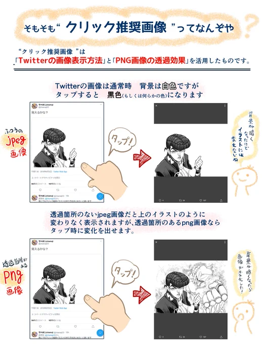 「クリック推奨画像」の作り方をまとめました。
ここで紹介するのはあくまで私が今回やった方法ですので他にもいい作り方があるかもしれません 