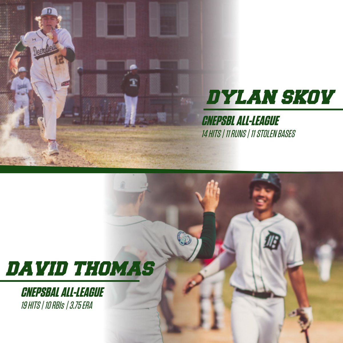 Congratulations to Thomas and Skov for receiving CNEPSBL All-League Honors! Read more: deerfield.edu/athletics/news… #GoBigGreen #DeerfieldBaseball