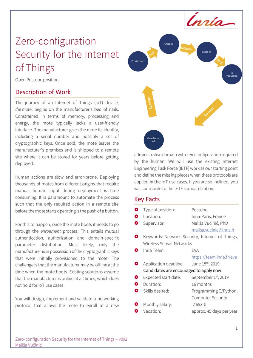 Open postdoc position in the <a href="/InriaEVA/">EVA</a> team in Paris on IoT security. See team.inria.fr/eva/postdoc-po…. Deadline is close, apply now! <a href="/inria_paris/">Centre Inria de Paris</a> @OpenWSN
