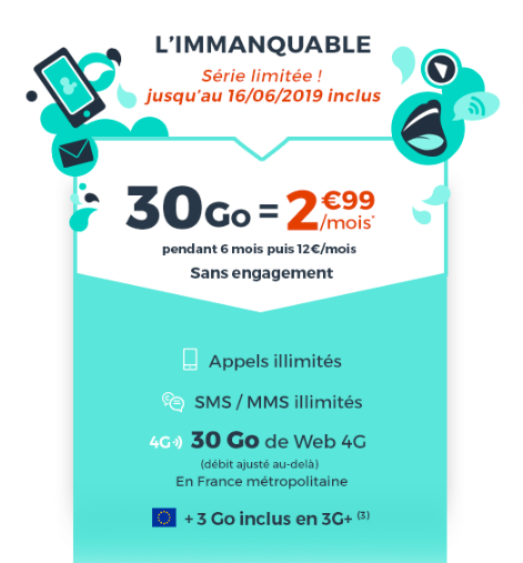 Dealabs's tweet photo. Forfait Cdiscount Mobile Appels / SMS / MMS illimité + 30 Go en France et 3 Go en Europe pour 2,99€ par mois ! 
Tarif valable pendant 6 mois, sans engagement, réseau au choix parmi SFR / Orange / Bouygues 👍
➡ https://t.co/2cY3jy6TFn ⬅ 
#bonplan https://t.co/VCVoDEGboT