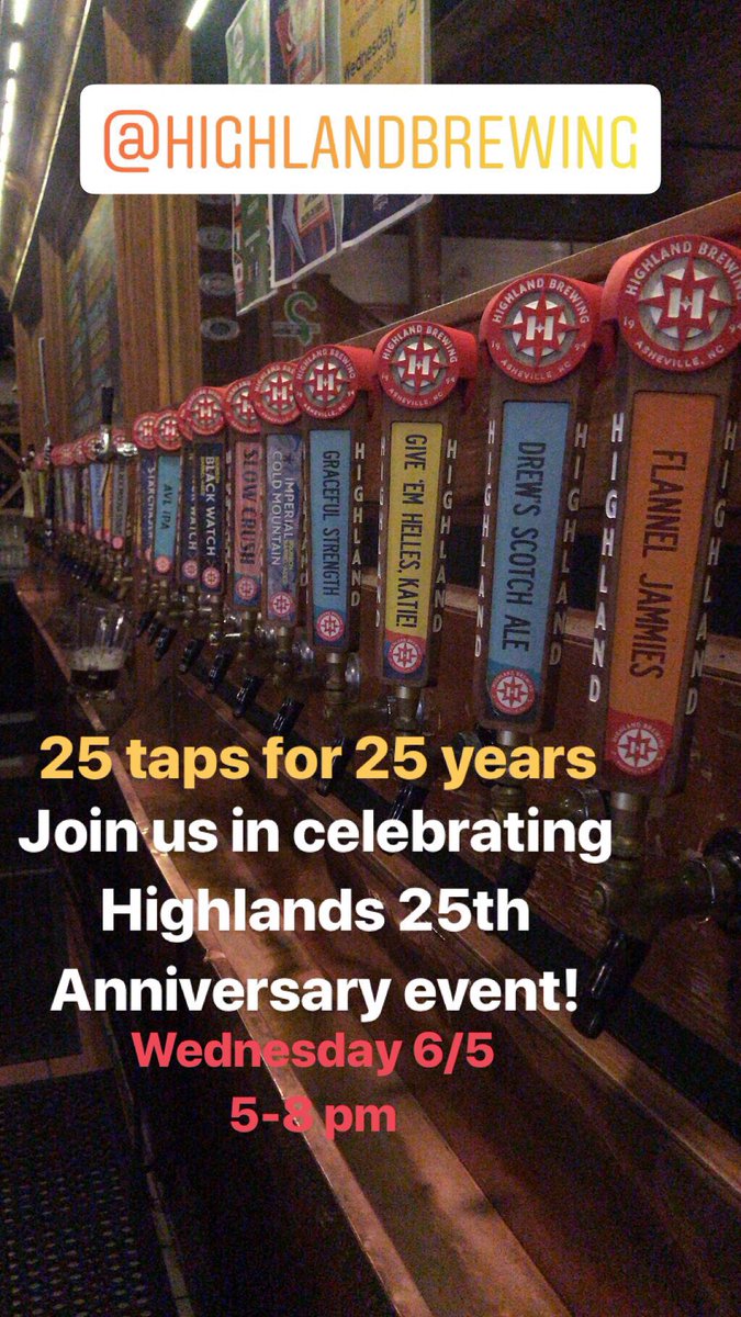 Come join us and the president of <a href="/HighlandBrews/">Highland Brewing Co.</a> today from 5-8! Grab a drink and a bite to eat! We will be raffling off great prizes, including an overnight stay in Asheville with a brewery tour at Highland!