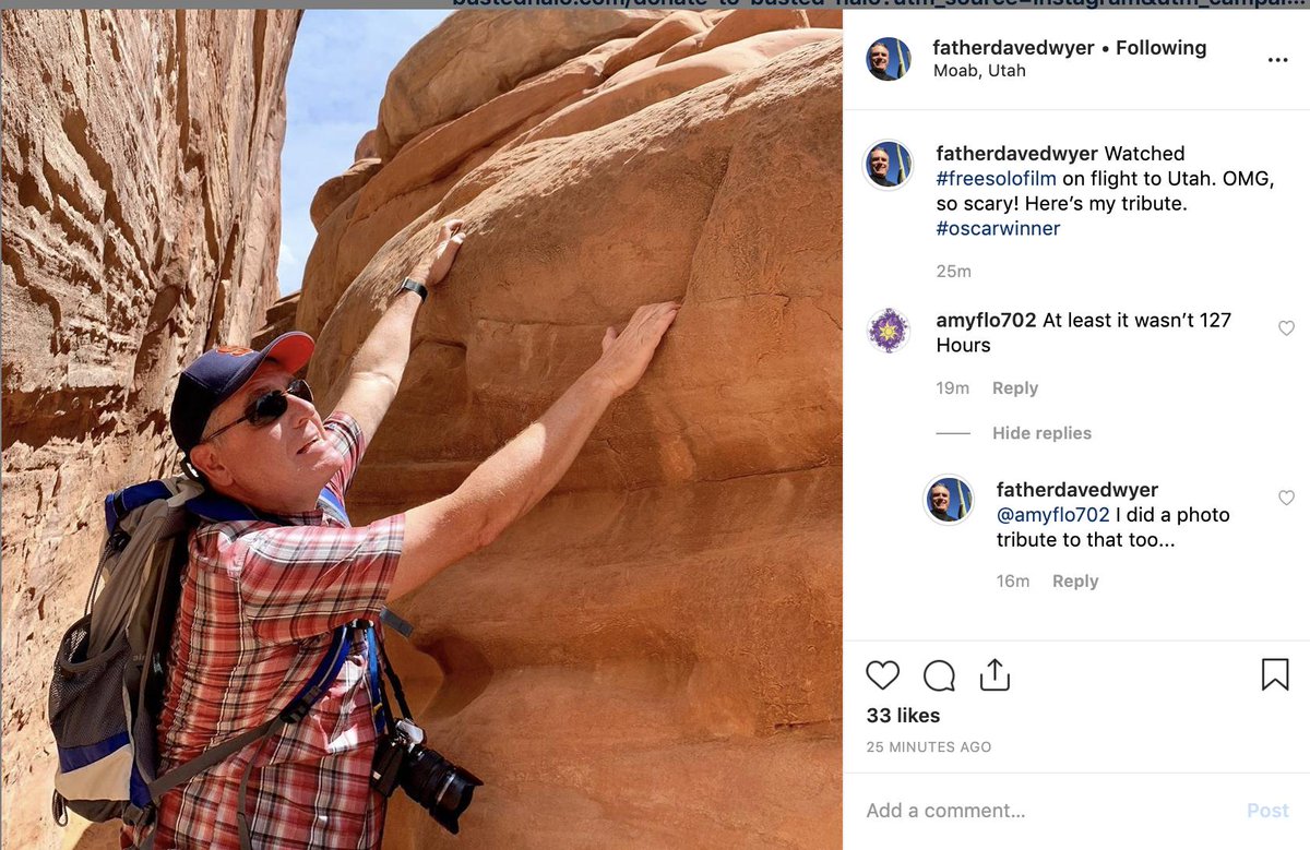 MSUNewmanMouse's tweet photo. While traveling, @FatherDaveDwyer is doing tributes to movies like #FreeSolo  and 127 Hours. Let's hope he doesn't do Thelma and Louise. https://t.co/IyEyniE3B2
