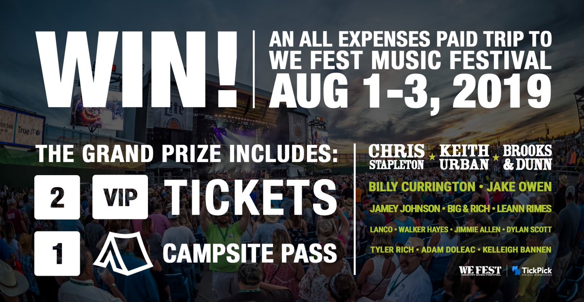 TickPick's tweet photo. Win an ALL EXPENSES paid trip to WE Fest Country Music Festival!

This is the ultimate VIP experience to enjoy country music's biggest names!

Enter for your chance to win 👉 https://t.co/AhR9IN1QWA https://t.co/Awg2VpmPBI