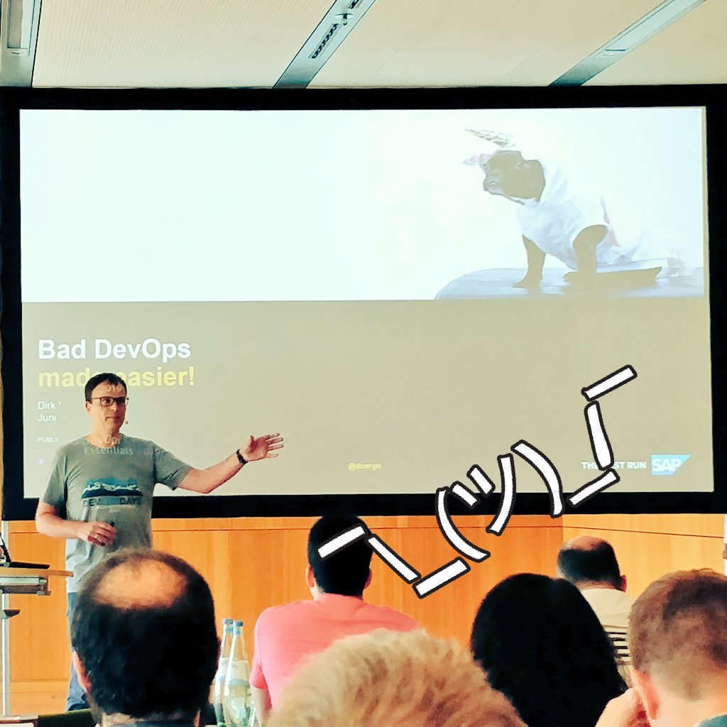 qu4nd's tweet image. Schlechtes DevOps kann so einfach sein... Im letzten Vortrag von Tag 2 der @EssentialDevOps lautet das Motto: &quot;Bad DevOps made easier!&quot;
#DevOpsentials19 #DevOps #SAP