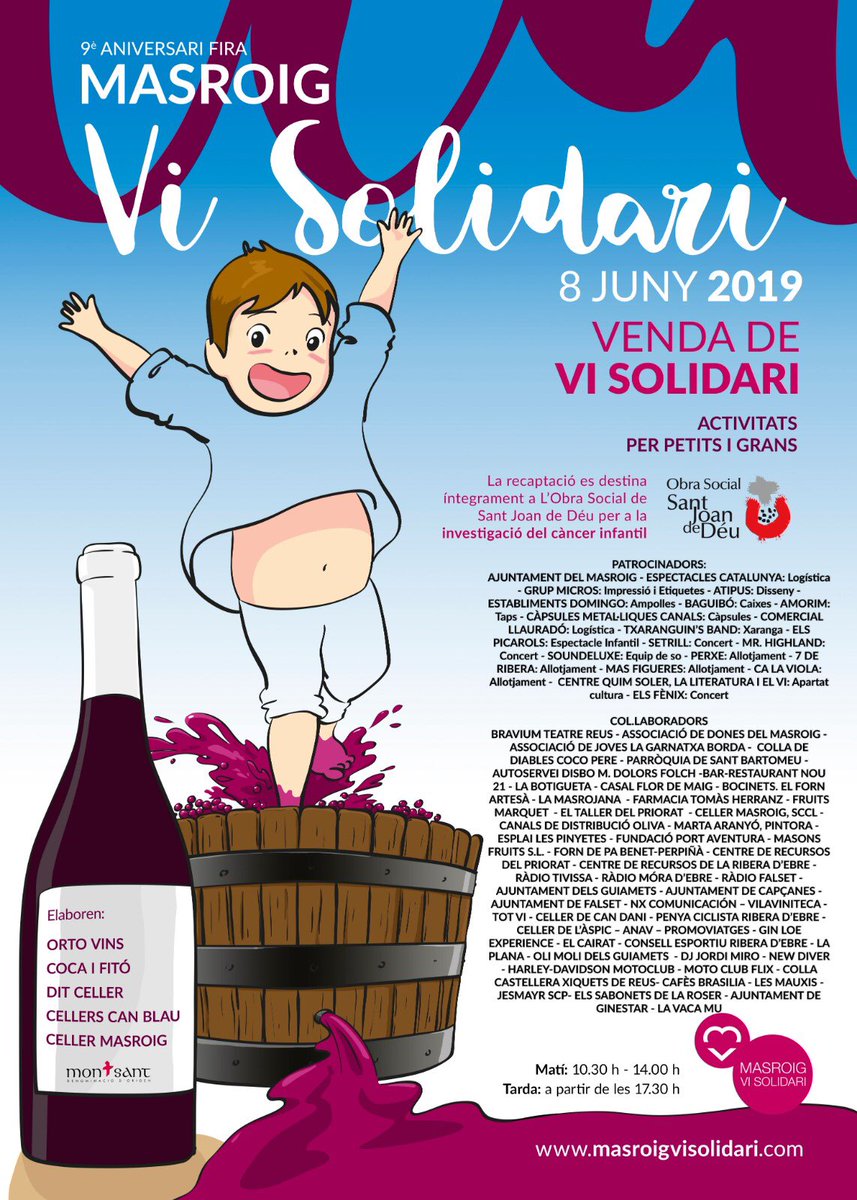 somnidevins's tweet photo. Aquest dissabte...9a edició del #MasroigViSolidari

@SJDbarcelona_es 
#ViSolidari19 @domontsant 
@cocaifito @CellerMasroig #DitCeller #OrtoVins #CanBla
#vicatalà #catalunya https://t.co/bVKLPfwoXt