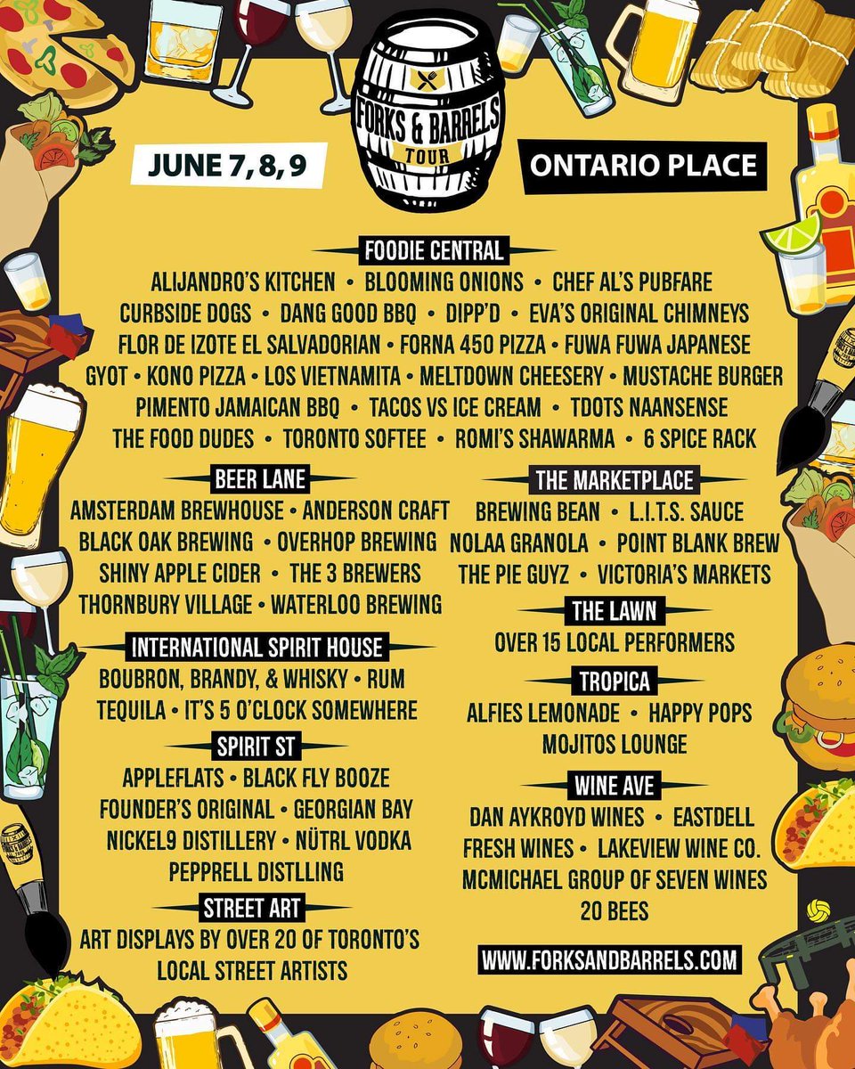 spexontoronto's tweet photo. The @Forksandbarrels Tour is this weekend. $2 Drink Samples, $4 Food Samples, 400+ Varieties of Food and Drink June 7-9 @OntarioPlace. Tix are going fast!

#forksandbarrels #welcometoourvillage #redefiningsocial #ontariowine #ontariofestivals #ontariocraftbeer #tofood #tofoodies https://t.co/fxjVimiXIU