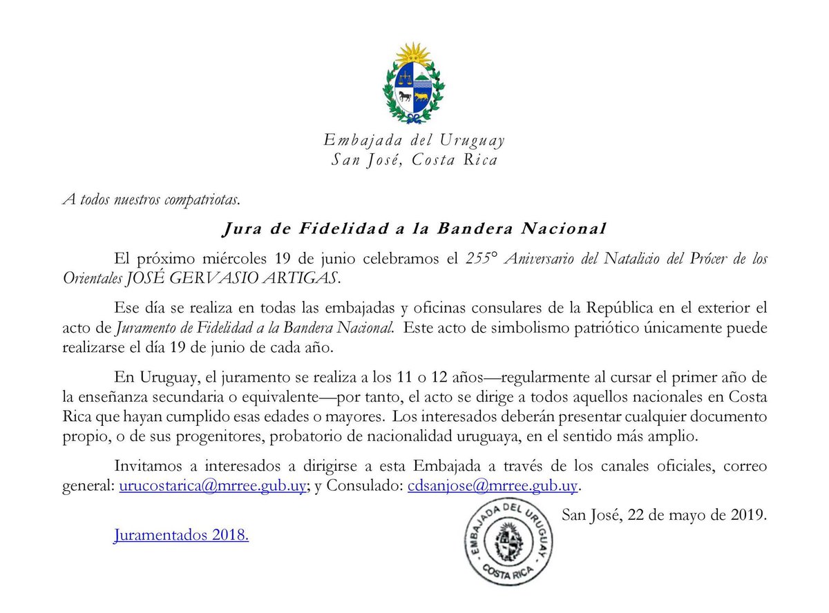 Mensaje a #UruguayosenCR Jura de Fidelidad a la Bandera Nacional 19 de junio de 2019, Natalicio de José Gervasio Artigas #vinculación @MRREE_Uruguay