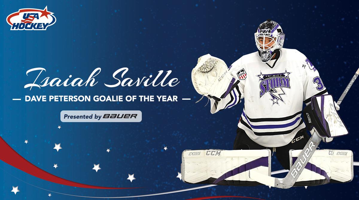 .<a href="/TriCityStorm/">Tri-City Storm</a> goaltender <a href="/ijsaville31/">isaiah saville</a> led the <a href="/USHL/">USHL</a> with a 1.90 GAA and ranked second with a .925 save percentage in 34 regular-season games, earning the title of 2019 Dave Peterson Goalie of the Year. #USAHCongress → bit.ly/2WvKtON
