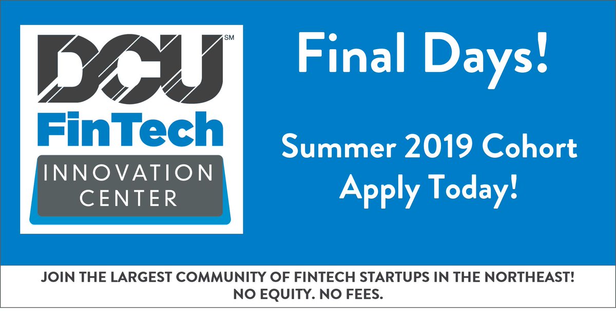 DCUFinTechCtr's tweet photo. Wanted: Pre-Seed/Seed stage FinTech startups!

Why: Connect to resources &amp; an ecosystem to help you become one of Boston's next leading FinTech startups. 

How: https://t.co/tkg87zahD8

When:
Applications are due on June 7th at 11:59 PM https://t.co/7UEhRddpZE