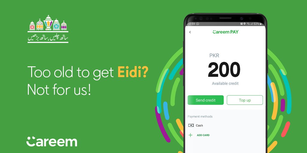 CareemPAK's tweet image. Eid Mubarak! 😄

One of the best things about #Eid is getting Eidi! 💸
But even if you’re too old to get Eidi, we’ve still got you covered. 
This year, your Eidi’s on us! 😉

Use your Careem PAY wallet to send Eidi &amp;amp; get Rs. 1,000 as Eidi in return!

#ChaloLetsGo

*T&amp;amp;Cs apply