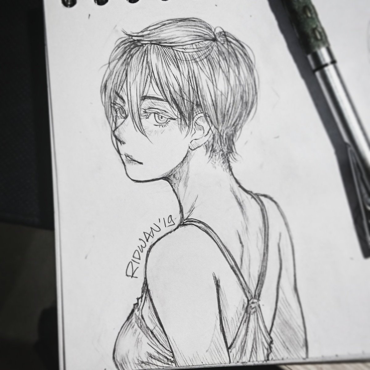 Shorty hair again :p #girl #shorthair #tanktop #back #illust #イラスト #drawing  #art #pencil #sketch, image size:1200x1200