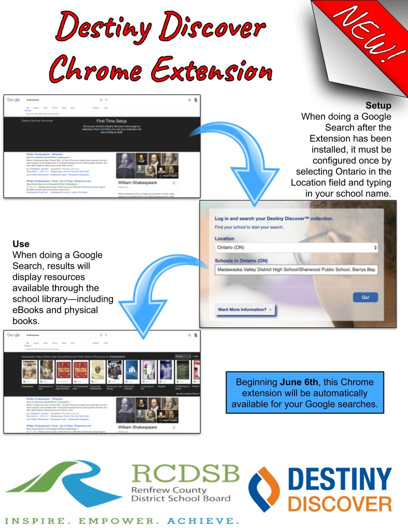 Hey <a href="/MVDHS/">Madawaska Valley DHS</a> and <a href="/Sherwood_PS/">Sherwood PS</a>! Beginning June 6th, you will have a new Chrome extension that shows you resources available in the school library at the top of your Google searches. Set up is quick and easy! #RCDSBReads Follow the steps  here: