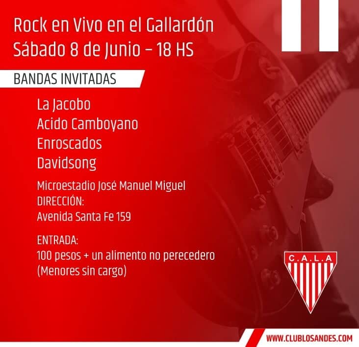 clublosandes's tweet photo. #LosAndesRock Está llegando. El sábado te esperamos en el club para vivir una jornada a puro rock and roll. Bandas invitadas: #LaJacobo, #AcidoCamboyano, #Enroscados y #Davidsong. Las entradas tienen un valor de 100 pesos y se adquieren en la administración. https://t.co/w4ejCW8t8i