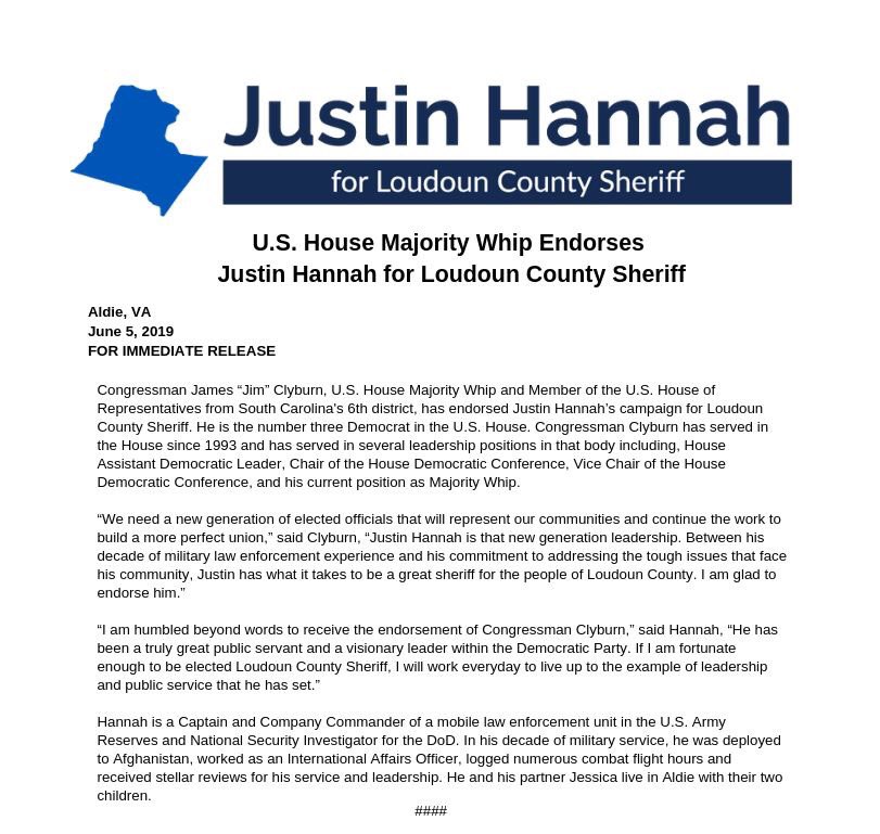 JustinPHannah's tweet photo. I am humbled beyond words to receive the endorsement of Congressman and U.S. House Majority Whip @WhipClyburn. He is a visionary leader and as Sheriff, I will work everyday to live up to the example he has set. #loudoundems #loudoun https://t.co/nB7iCDglmv