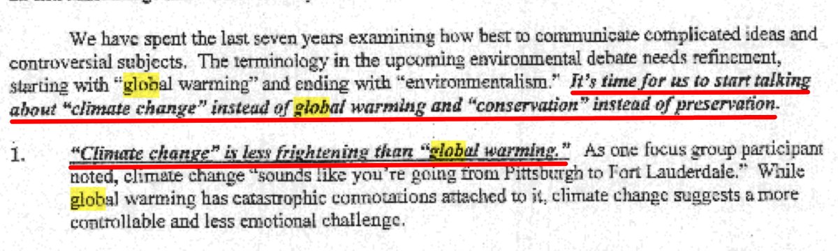stevesilberman's tweet photo. One of the most excruciating things about Trump mocking climate science for adopting the phrase "climate change" over "global warming" is that change was a strategy by GOP pollster Frank Luntz to make it sound less alarming.  Here's Luntz's memo. https://t.co/E0wYpaCutY https://t.co/8cwO9ksmyf