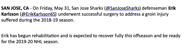 SanJoseSharks's tweet photo. #SJSharks defensemen Erik Karlsson underwent successful surgery to address a groin injury suffered during the 2018-19 season.

https://t.co/6EOVwqebzt https://t.co/hveFQtXBwf