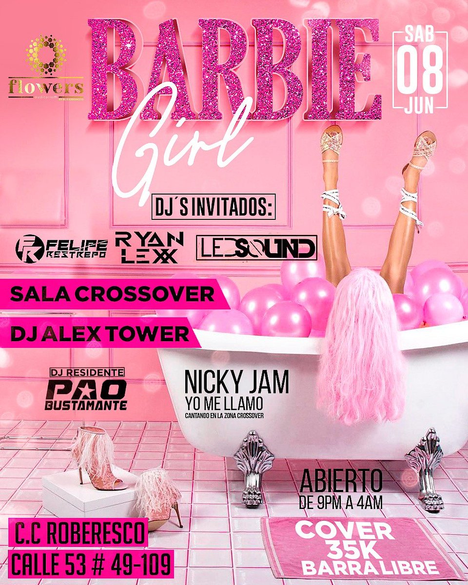 FlowersDisco's tweet photo. 💃🏼 Barbie Girl 💃🏼 Djs invitados 🔥 @FelipeRestrepo @RyanLexx @LedSound @PaoBustamante @AlexTower #Nicky Jam 🔥 en la sala crossover 😎 en @FlowersDisco 🦄
#FlowersAuditorium #AmorPorLoQueSomos #ModoFlowers #Electrónica #Crossover #Erótico #Ambiente #DiscoGay #LGTBI #Cócteles https://t.co/025oDg6gR6