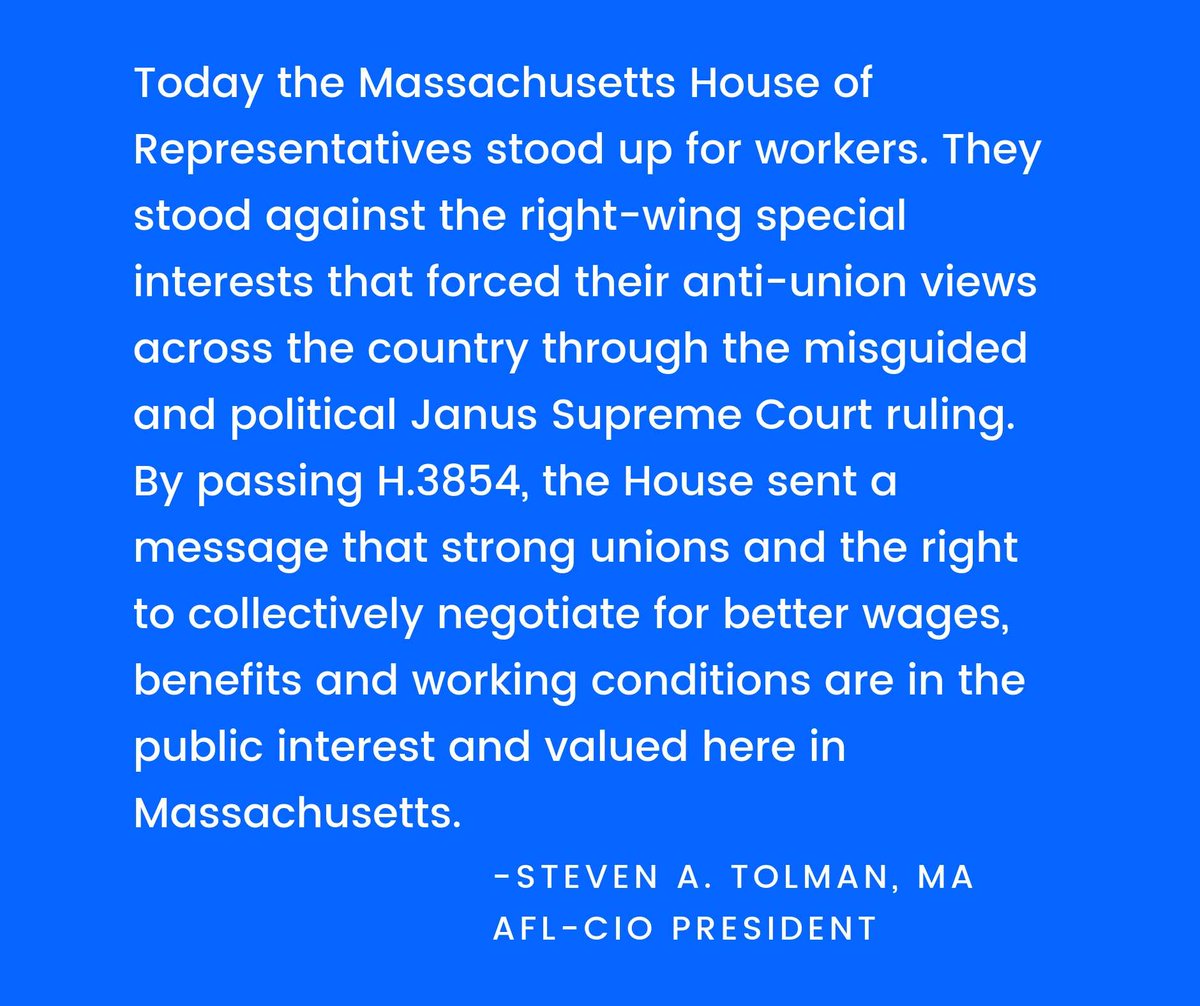 massaflcio's tweet photo. Statement from @StevenATolman on passage of #freedomtojoin H.3854 in the House today. #1u #mapoli #janus #solidarity https://t.co/9zO7xlfHDe